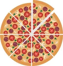 A pepperoni pizza cut into eight slices with olives, cheese, and basil.